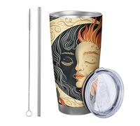 flower with lid tumbler Set Of 1 Floral Moon Sunflower Leaves Face Artistic Designs light yellow green Insulated Can Cooler No Spill Insulated Yard Outdoor Picnic gym With Lid drinking cup 20 Ounce
