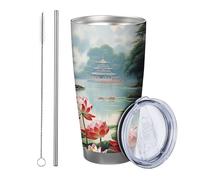 flower with lid tumbler Set Of 1 Landscape Atmosphere Aesthetic Chinese Ancient Pavilion Tree Floral Lake green red Insulated Metal Can Cooler No Spill School college Stemless Double Wall 20 Ounce