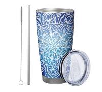flower with lid tumbler Set Of 1 Modern Bohemian Mandala Artistic Aesthetic Designs Pattern blue white Stainless Insulated Can Cooler Shatterproof Travel Pool Outdoor With Lid drinking cup 20 Ounce