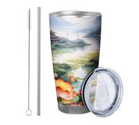 flower with lid tumbler Set Of 1 Nature Landscape Mountain Lake Chinese Ancient Pavilion Floral Sunrise green yellow Insulated Can Cooler Shatterproof Travel Pool Outdoor drinking cup 20 Ounce