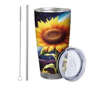 flower with lid tumbler Set Of 1 Planet Sunflower Universe Aesthetic Artistic Dreamy Glitter blue orange Insulated Metal Hot And Cold Insulated Office Outdoor Club Dorm Coffee drinking cup 20 Ounce