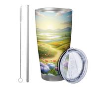 flower with lid tumbler Set Of 1 Scenery Nature Beautiful Road Tree Mountain Cloud Abstract Plant green blue Metal Hot And Cold No Spill Office Outdoor Club Dorm Coffee drinking cup 20 Ounce
