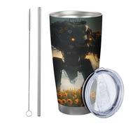 flower with lid tumbler Set Of 1 Science And Technology Cool Sunflower Grass Sky Cloud Robot gray yellow Metal Can Cooler No Spill Insulated School college nursery Stemless Double Wall 20 Ounce