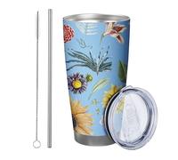 flower with lid tumbler Set Of 1 Tropical Leaves Sunflower Specimen Floral Beautiful Artistic blue yellow Powder Coated Hot And Cold No Spill Office Outdoor Club Dorm Stemless Double Wall 20 Ounce