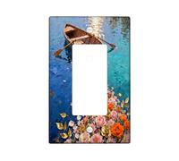 Flower Wood Boat River Decorative Light Switch Cover Wall Plate 1 Gang Single Rocker, Fun Floral Coastal Ship Electrical Switchplate for Room, Oil Painting Switchcover Switchplate