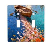Flower Wood Boat River Decorative Light Switch Cover Wall Plate 2 Gang Double Toggle, Fun Floral Coastal Ship Electrical Switchplate for Room, Oil Painting Switchcover Switchplate