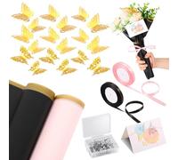 Flower Wrapping Paper 40 Sheets,Bouquet Wrapping Paper with Gold Border,Waterproof Floral Wrap Papers with Ribbons 3D Butterflies Pins Cards for DIY Crafts Valentines Wedding Birthday Graduation