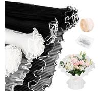 Flower Wrapping Paper Kit, 4Pcs Flower Wrapping Mesh Paper with Pearl Edge, 50 Bouquet Pins 1 Roll of Ribbons for Valentine's Day Mother's Day, Father's Day, Wedding DIY Craft