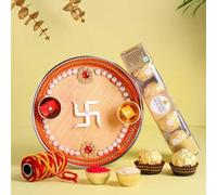 FlowerAura Tradational Handcrafted Orange Swastik Tikka Thai with Choco Balls Pack for Diwali Poojan Thali, Bhaidooj Thali, Raksha Bandhan Thali, Dhanteras Thali, Weddings Ceremony Tray