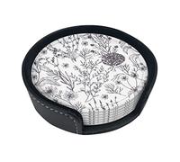Flowering Herbs And Herbaceous Plants Coasters For Drinks, 6 Pcs Leather Coaster With Holder, Round Cup Mat Pad Set For Home And Kitchen 3.9 Inches