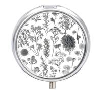 Flowering Herbs Metal Pill Organizer, 3 Compartment Waterproof Pill Case with Mirror for Purse Pocket Bag, Daily Medicine Vitamin Holder, Portable Travel Med Container(Round)