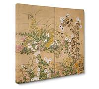 Flowering Plants in the Autumn by Ogata Korin Canvas Print | Gallery Wrapped 30mm Frame Wall Art | 14x14 inches | Ready to Hang | Asian Floral Picture | Living Room Bedroom Lounge Office