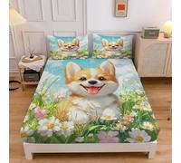 Flowering Single Fitted Sheet Corgi Bed Sheets - 30 cm Deep Pocket Fitted Bed Sheet with 2 Pillowcases, Soft Brushed Microfiber Bedding 90x190 cm - Easy Care Bottom Sheets