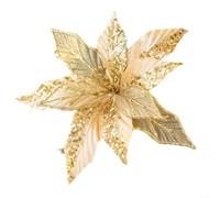 Floweringbeter Christmas Glitter Poinsettia Ornaments, 6 Pieces With Poles For Effortless Tree And Decorative Placement, Suitable For Holiday Season And Event Decorations(Gold)