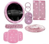Floweringbeter Complete 10PCS Car Interior Accessory Set Featuring Steering Wheel Cover, Phone Holder, Coaster and Decorative Strips to Upgrade Vehicle Interior (Pink)