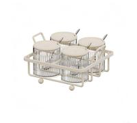 Floweringbeter Condiment Jar Set with Lids and Spoons for Kitchen Countertop, Metal and Transparent Plastic Seasoning Container with 255ml Capacity for Salt Pepper Sauces and More (4 Bottles)