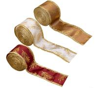 Floweringbeter Holiday Wired Ribbon Set With Gold Pine Needle Pattern, Fabric Ribbons With Wire Edges, 3 Rolls For Wrapping Presents, Tree For Decoration, Garlands And DIY Crafts