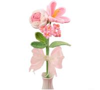 Floweringbeter Rustic Elegance Crochet Bouquet Featuring Hand Knitted Roses Tulips And Forget Me Nots For Living Space Styling(Pink1)