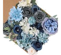 Floweroyal 2 Layers Artificial Flowers Combo Dusty Blue Flowers Mix Silk Flowers Dahlia Roses with Stems for Wedding Bridal Bouquets, Baby Shower, Floral Arrangement, Table Centerpieces