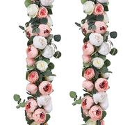 Floweroyal 2 Pack Artificial Flower Garlands 11.2FT Eucalyptus Garlands with Flowers 8 Head Peony Flower Vine Faux Floral Garland for Wedding Arch Table Wall Backdrop Wreath Decoration. (Pink & White)