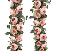 Floweroyal 2 Pack Artificial Flower Garlands 11.2FT Eucalyptus Garlands with Flowers 8 Head Peony Flower Vine Faux Floral Garland for Wedding Arch Table Wall Backdrop Wreath Decoration. (Vintage Pink)