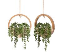 Floweroyal 2pcs Artificial Succulents Hanging Plants 20.1'' Fake String of Pearls in Pot with 9.4'' Lanyard for Indoor Outdoor Wall Decor（Wood Color）