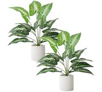 Floweroyal 2pcs Fake Plant in Ceramic Pot Faux Potted Plants for Indoors Green Leaf Plant with White Planter for Desk Office Shelf Bathroom Bedroom Decor（Sea Taro Leaf）