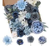 Floweroyal Artificial Flowers Combo Dusty Blue Flowers Mix Silk Flowers Dahlia Roses with Stems for DIY Wedding Bridal Bouquets, Baby Shower, Floral Arrangement, Table Centerpieces, Home Decorations.