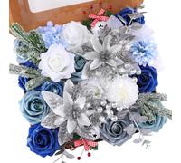 Floweroyal Poinsettia Artificial Christmas Flowers Mix Silk Flowers Fake Roses with Stems for Wedding Bridal Bouquets, Table Centerpieces, Home Christmas Decorations(Silver&Blue&White)