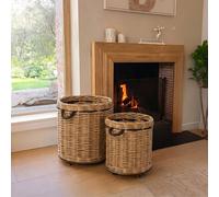Flowerpot Storage Basket - Set of 2 - Round - On Wheels - Natural and Grey - Wicker and Bamboo Wood