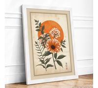 Flowers Against Rising Sun Japandi Framed Wall Art Print A1 (84.1×59.4cm) White, Wall Decor for Living Room, Bedroom, Office & Home, Ready to Hang, Art Gift