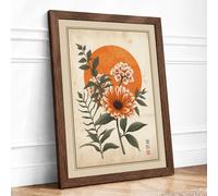 Flowers Against Rising Sun Japandi Framed Wall Art Print A3 (42×29.7cm) Walnut, Wall Decor for Living Room, Bedroom, Office & Home, Ready to Hang, Art Gift