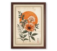 Flowers Against Rising Sun Japandi Framed Wall Art Print A4 (29.7×21cm) Walnut, Wall Decor for Living Room, Bedroom, Office & Home, Ready to Hang, Art Gift