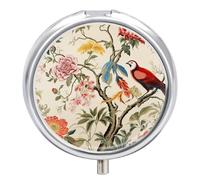 Flowers and Birds Pill Box 3 Compartment Small Pill Case for Purse Or Pocket Mini Metal Pillcase Medicine Organizer, Round Daily Medicine Container to Hold Vitamins, Fish Oil