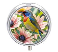 Flowers and Birds Pill Box - 3 Compartment Travel Pill Organizer with Small Mirror, Portable Pillcase for Pocket & Purse, Cute Round Medicine Case, Weekly Medicine Container