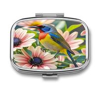 Flowers and Birds Pill Case 2 Compartments Travel Pill Organizer for Pocket Small Pill Box Portable Pill Container Metal Medication Holder to Hold Vitamin Fish Oil Supplement