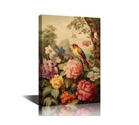 Flowers And Birds Wall Art for Living Room Vintage Brown Background Canvas Wall Art Bird Stood On The Branch Pictures Posters Modern Wall Decor Art for Bedroom Office Paintings Giclee Framed 18x12in