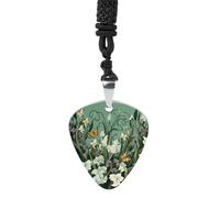 Flowers And Butterflies on Green Background Guitar Pick Necklace Personality Printed Guitar Pendant for Men And Women Pick Note Necklace For Music Lovers Gifts 1.2 * 1.1 IN Titanium Steel No Gemstone