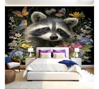 Flowers and Butterflies Wall Mural 250 x 180 cm Animal Raccoon Non-Woven Art Print Wallpaper Mural for Walls Living Room Bedroom TV Background Boys Girls Kids Rooms Decoration