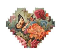 Flowers and Butterfly Print Art Brick Puzzle Heart Shaped DIY Building Blocks Set 3D Jigsaw Home Decor 53 Pieces