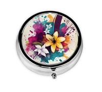 Flowers and Floral Splashes Pill Box Metal Round Small Pill Case Cute 3 Compartment Pill Organizer Portable Travel Pillbox Mini Pill Container Holder for Daily Medicine Supplement Vitamin