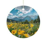 Flowers and Green Plants Double-Sided Ceramic Christmas Ornaments - Round Hanging Mini Xmas Tree Decorations, Ideas for Farmers, Rustic Home Decor for Indoor Outdoor Tree Decor