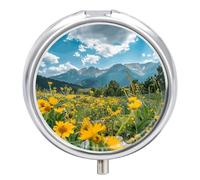 Flowers and Green Plants Pill Box - 3 Compartment Travel Pill Organizer with Small Mirror, Portable Pillcase for Pocket & Purse, Cute Round Medicine Case, Weekly Medicine Container