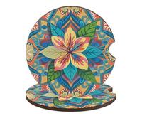 Flowers and Hawaiian Tribal Patterns Car Cup Holder Coasters 2-Pack Absorbent Wood & Cork Coasters for Car Cup Holders, Festive Car Accessories for Women & Men