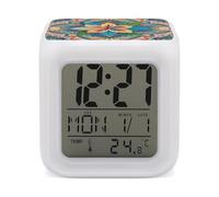 Flowers And Hawaiian Tribal Patterns Night Light Alarm Clock LED Display Alarms for Bedroom Smart Digital Alarm Clock Wtih 7 Colorful Ambient Lights Sleep Timer for Heavy Sleepers Simple Operation