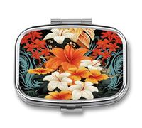 Flowers And Hawaiian Tribal Patterns on Black Background Pill Box Medicine Pill Organizer Small Pill Case Travel Pill Container Portable Pill Case for Pocket 2 Compartment Pill Holder Pill Boxes for T