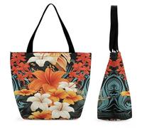 Flowers And Hawaiian Tribal Patterns on Black Background Tote Bag for Women Lightweight Casual Shoulder Bag Reusable Grocery Shopping Bag Large Capacity Everyday Handbag for Travel Work Gym Office Dai