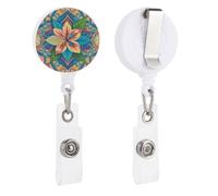 Flowers and Hawaiian Tribal Patterns Retractable Badge Reel - Personalized ID Name Badge Holder with Lanyard Cute Badges Reel Holder Round Nurse Doctor Name Tag Badges Clip for Work