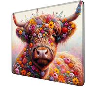 Flowers and Highland Cow Mouse Pad Square Mouse Mat Non-Slip Rubber Base Mousepad with Stitched Edge, Portable MousePads for Desk Computers Laptop Office 9.4"x7.9"