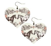 Flowers and horses hand drawn Leather Earrings for Women Heart Earring Lightweight Dangle Earrings Jewelry Gifts, One Size, No Gemstone